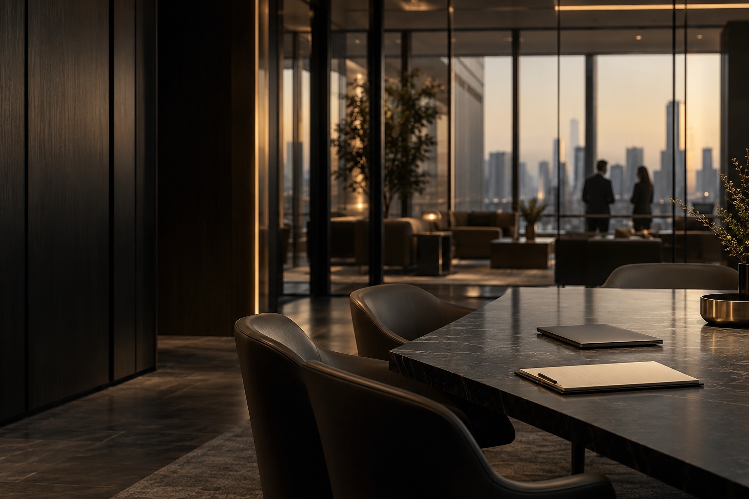Illustrative executive workspace with warm light, dark stone and champagne details